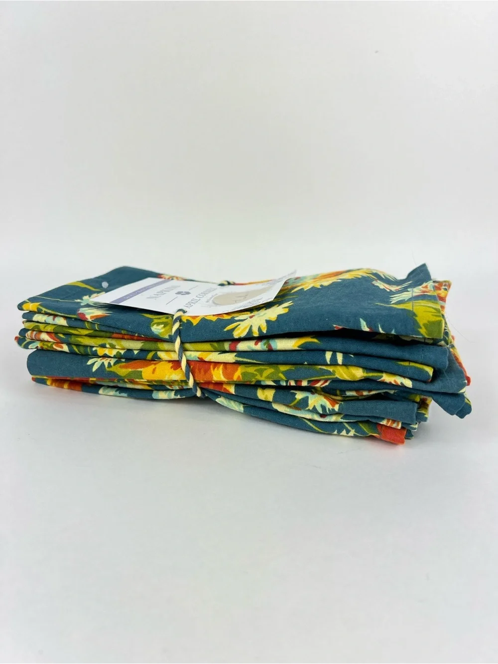 April Cornell Floral Dinner Napkins Marguerite Teal Yellow Orange 12 Pc NEW